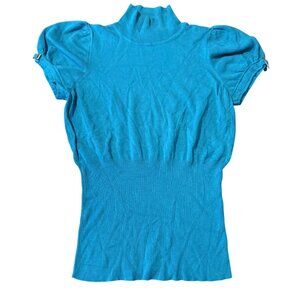 Express Design Studio Blue Puff Sleeve Mock Neck Sweater Top L Y2K Retro Ribbed‎